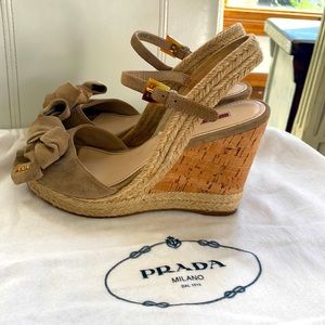 Prada Espadrille Sandals, Neutral, with Bow and Prada Gold Logo